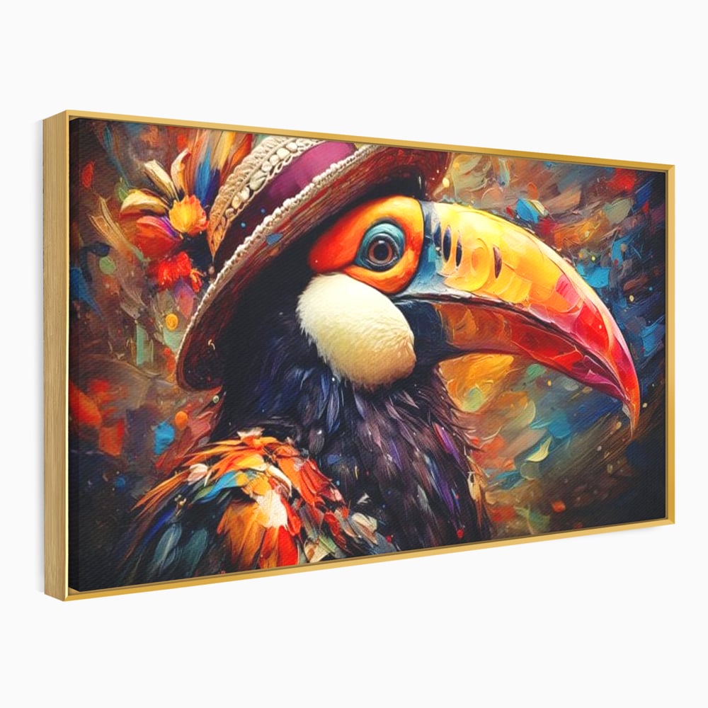 Tablou canvas cu tablou cu portret de tucan cu palarie, in rama de aluminiu auriu
